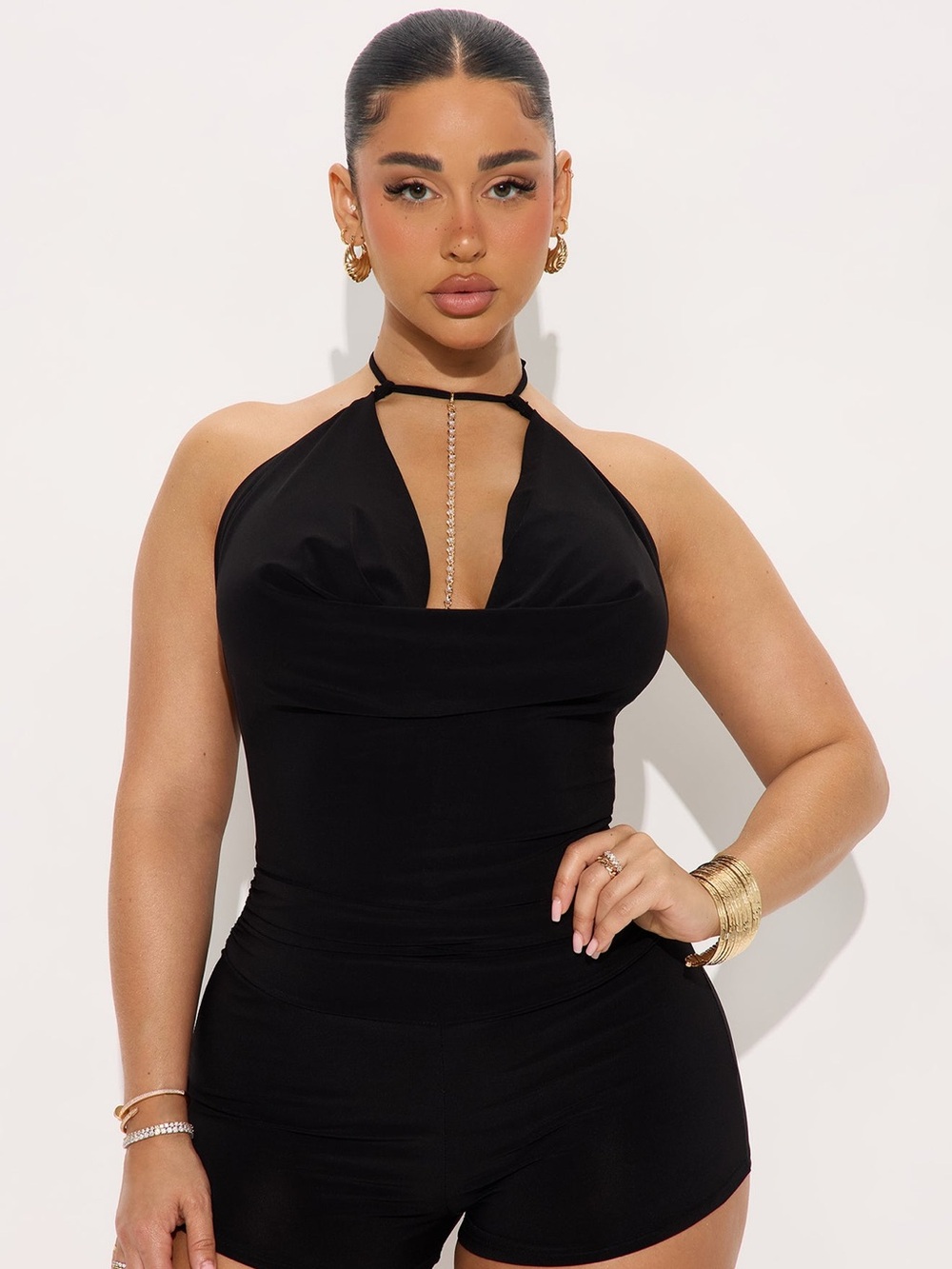 Fashion Nova Black Strapless Halter Romper with Rhinestone Chain